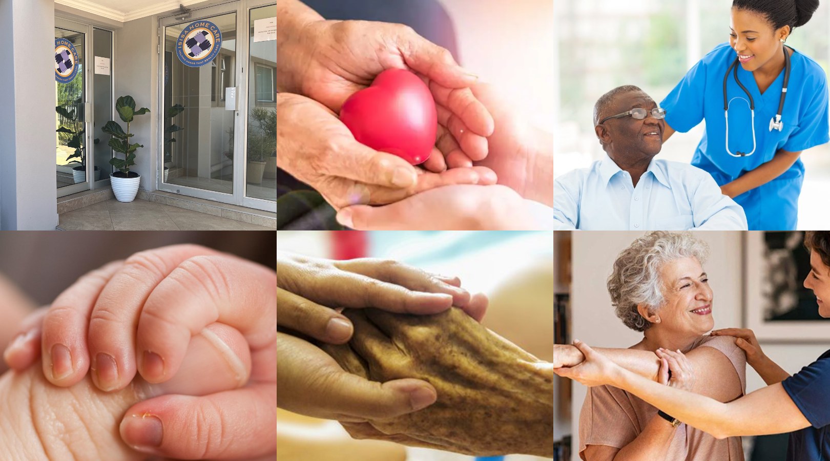 A montage of Isisa Healthcare services: building, caring hands, nursing, infant care, hospice, and rehabilitation